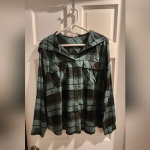 Teal and Black Plaid Button-Up Hooded Flannel Shirt
